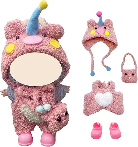 17cm Doll Clothes for labubu, 4-Piece Clothes for Dolls Outfit, Accessories for Cute Dolls Clothes, Pink Hat + Overalls + Bag + Shoe, No Doll Included