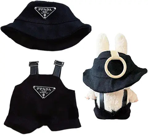 Clothes for Labubu(NO Doll) - Hat & Overalls Set for Labubu Clothes 15cm/17cm Doll Accessories Suit for Dress Up, Play & Collector Display (Black)
